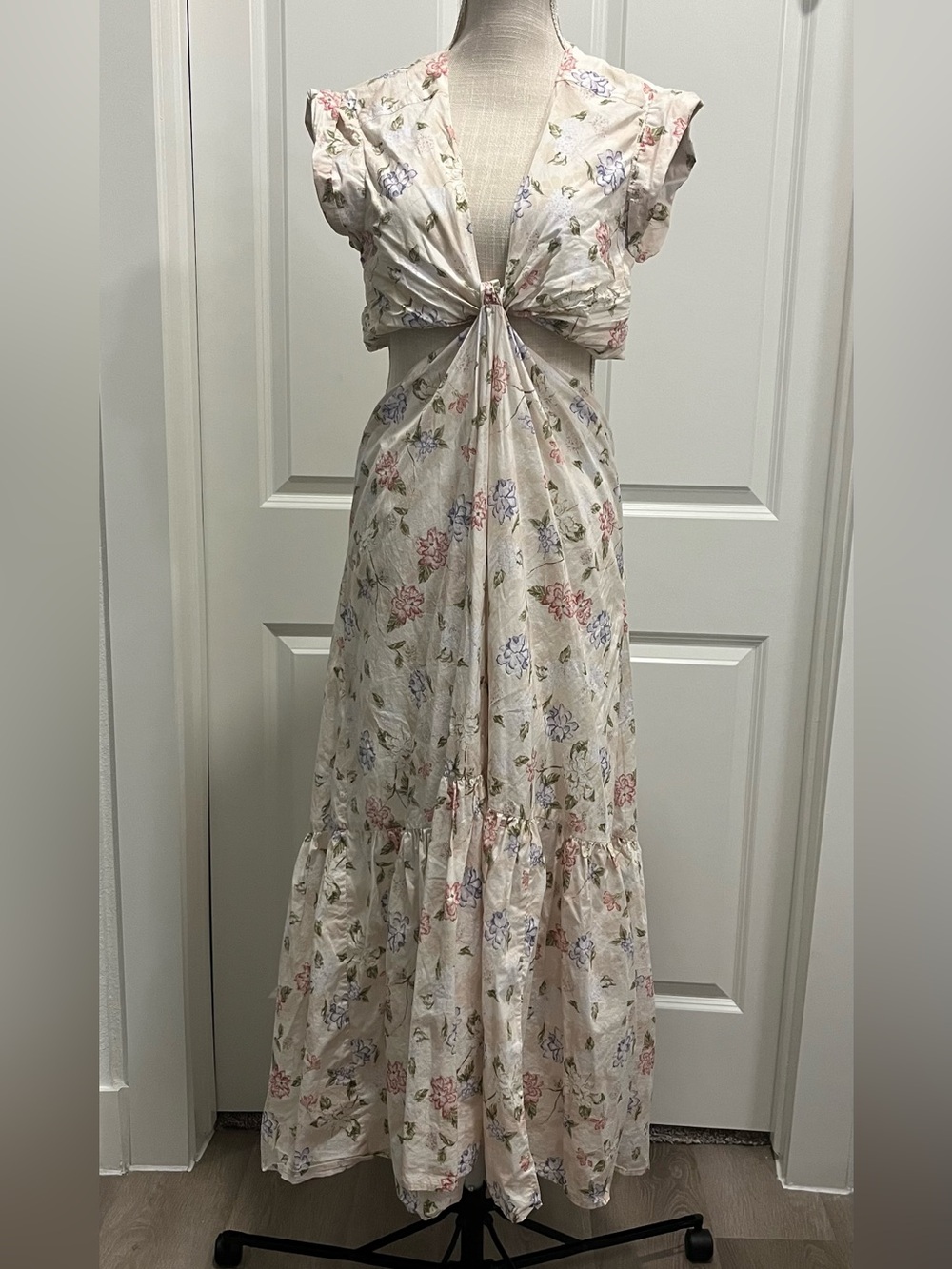 Floral Cotton Midi Dress Cutouts Large Cottagecore Milkmaid Prairie Boho